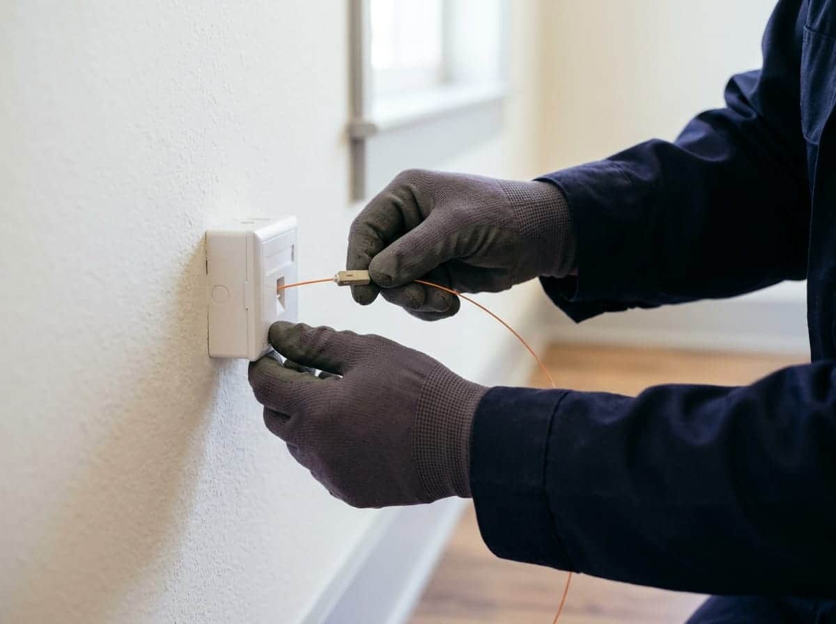 A technician's gloved hands connecting a fiber line to a wall outlet inside a home
